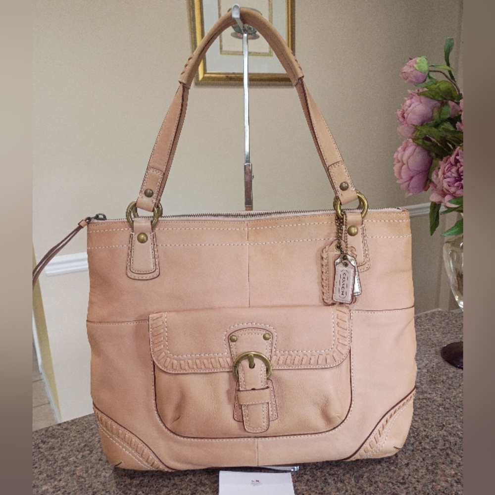 NWT Coach Poppy Whipstitch Natural Leather Brass Glam Tote Purse 19018